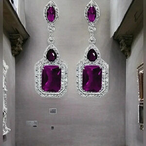 Purple CZ Silver Rinestone Mob Wife Dangling Chic Holiday Wedding